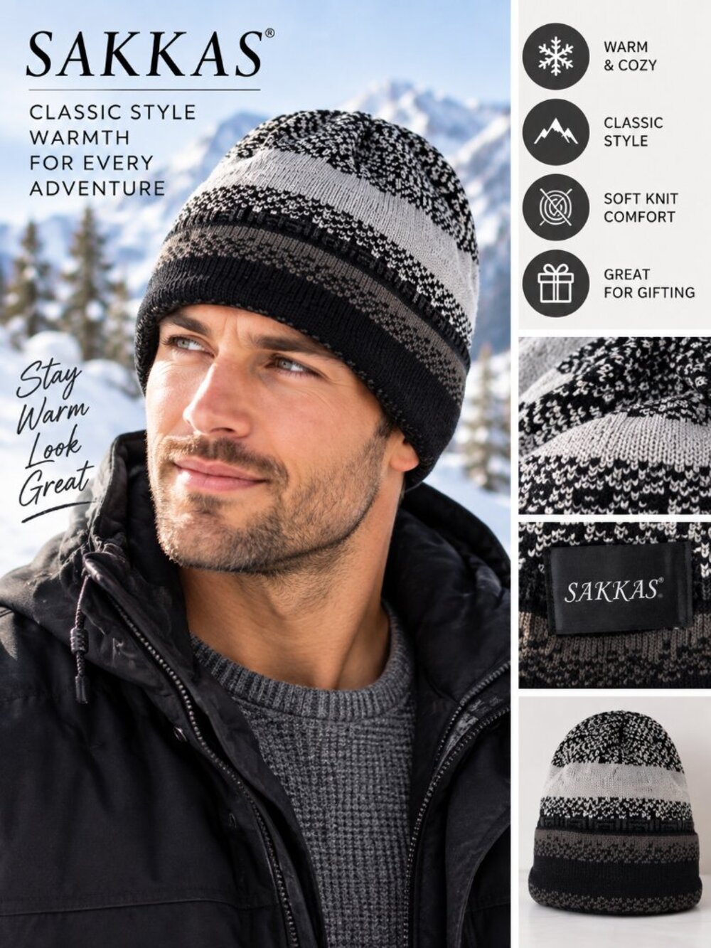 Sakkas NWT Black Gray Fair Isle Knit Beanie Winter Ski Hat